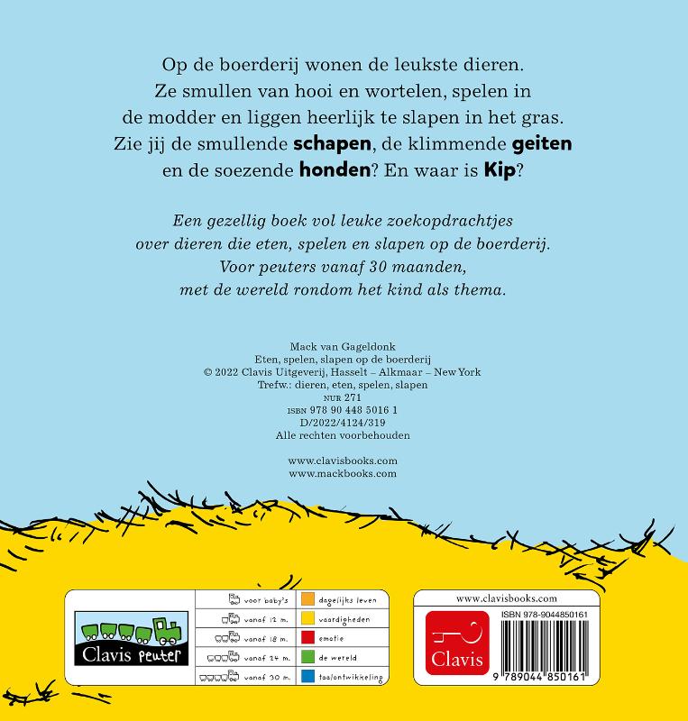 Achterkant van Eten, spelen, slapen op de boerderij