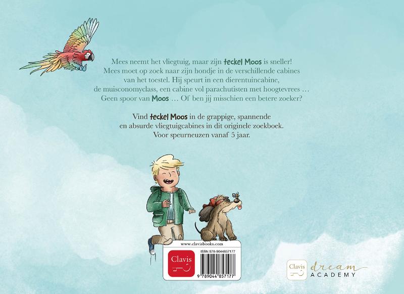 Achterkant van Waar is teckel Moos in het vliegtuig?