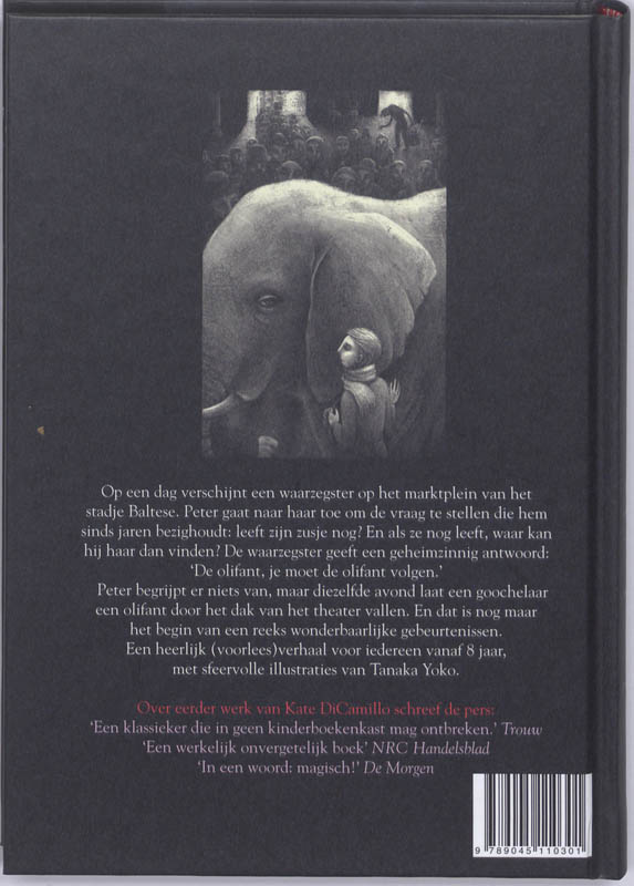 Achterkant van Het verhaal van de olifant en de goochelaar of hoe Peter zijn zusje terugvond