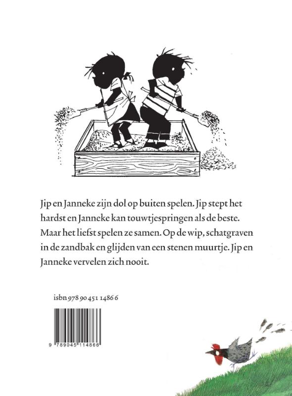 Achterkant van Jip en Janneke spelen buiten