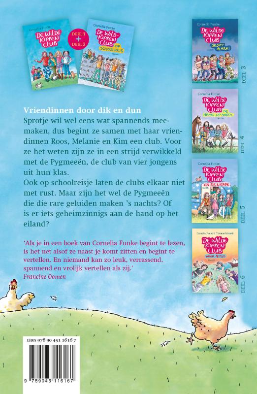 Achterkant van De eerste avonturen van de wilde kippen club