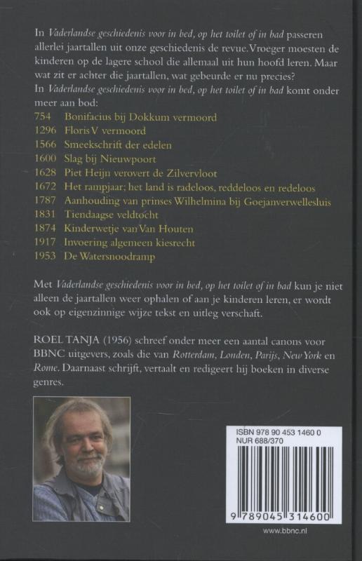 Achterkant van Vaderlandse geschiedenis voor in bed op het toilet of in bad
