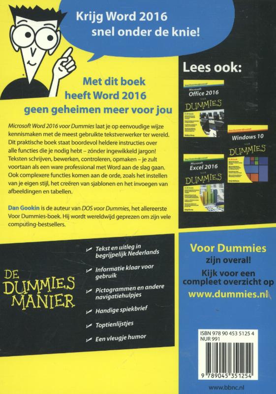 Achterkant van Microsoft Word 2016 voor Dummies