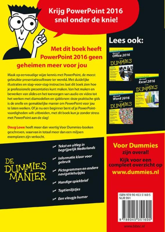 Achterkant van Microsoft Powerpoint 2016 voor Dummies