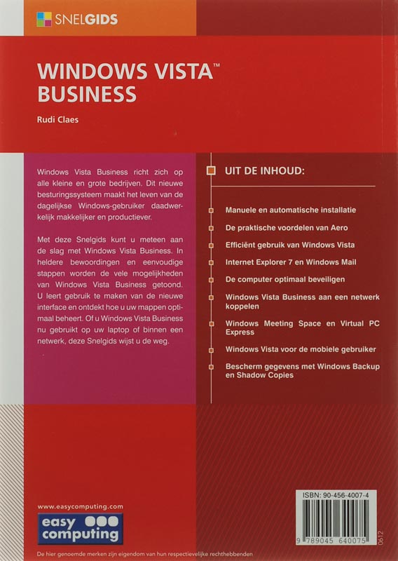 Achterkant van Snelgids Windows Vista Business