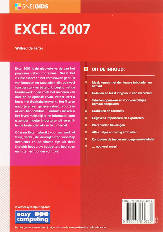 Achterkant van Snelgids Excel 2007