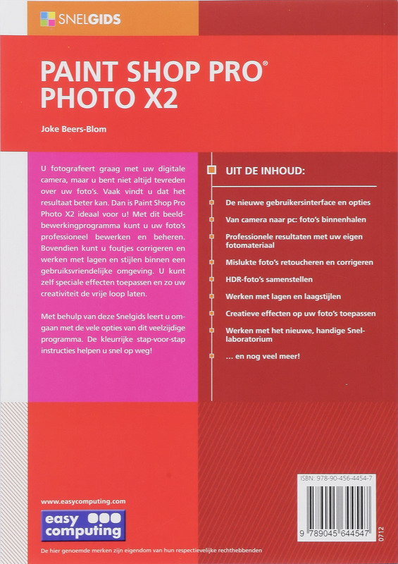 Achterkant van Snelgids Paint Shop Pro Photo X2