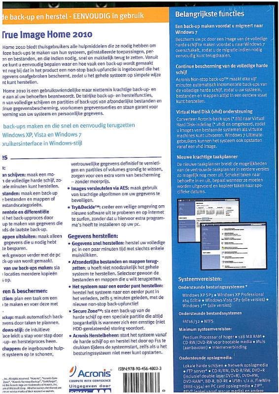 Achterkant van Acronis True Image Home 2010