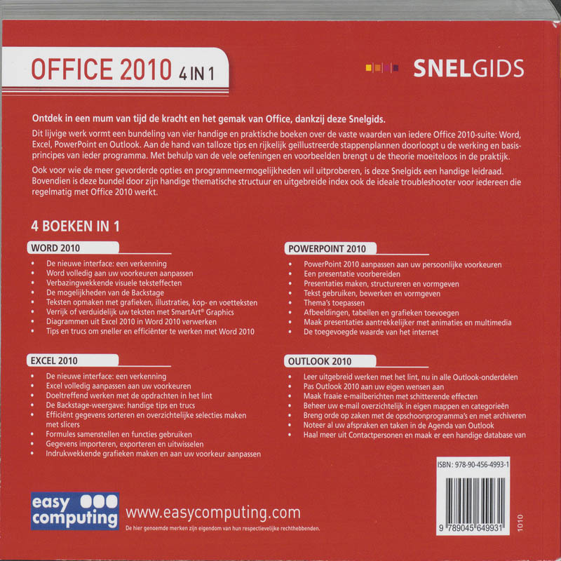 Achterkant van Snelgids Office 2010 4 in 1