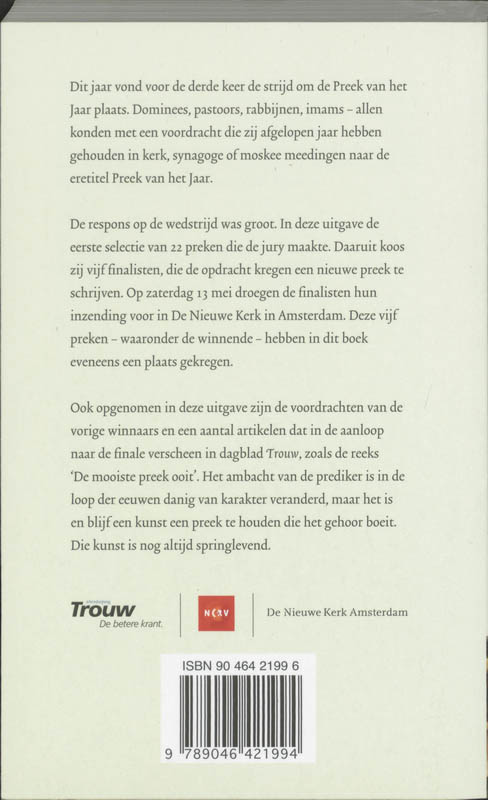 Achterkant van Preek van het jaar