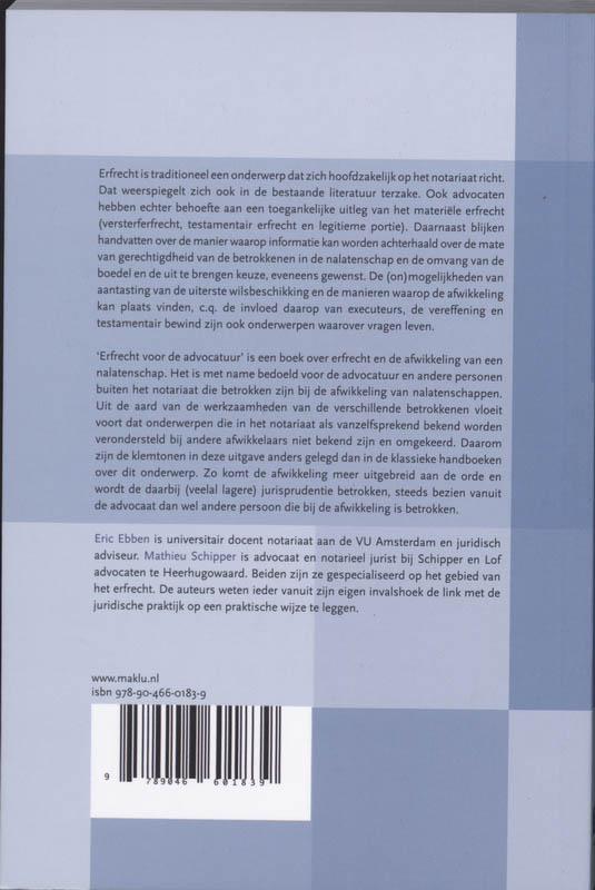 Achterkant van Erfrecht voor de advocatuur