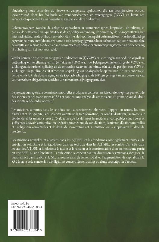 Achterkant van Nieuwe en aangepaste opdrachten van de bedrijfsrevisor in het WVV. Missions nouvelles et adaptées du réviseur d’entreprises dans le CSA