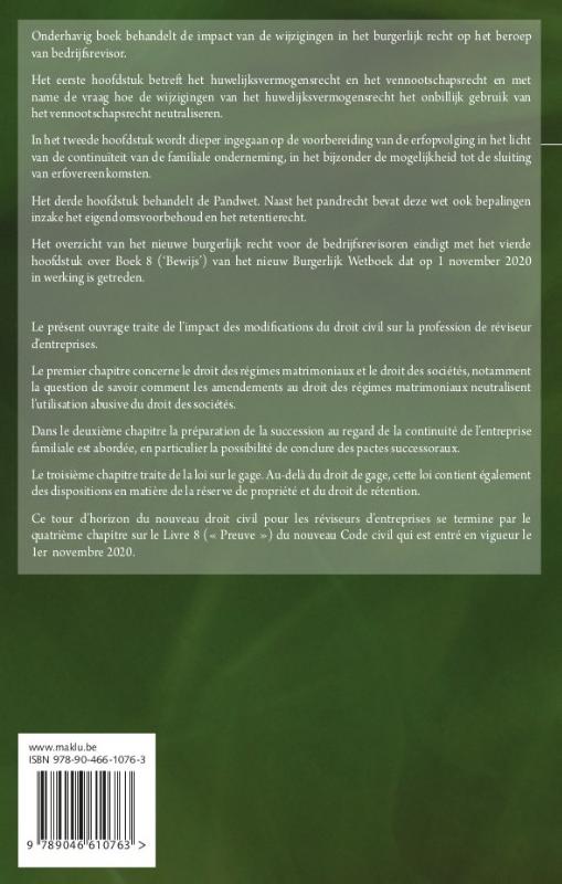 Achterkant van Impact van de wijzigingen in het burgerlijk recht op het beroep van bedrijfsrevisor. Impact des modifications du droit civil sur la profession de reviseur d'entreprises