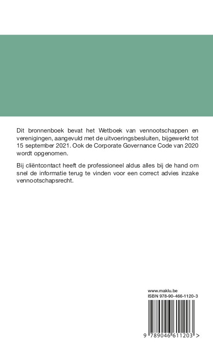 Achterkant van Bronnenboek Wetboek vennootschappen en verenigingen met uitvoeringsbesluiten