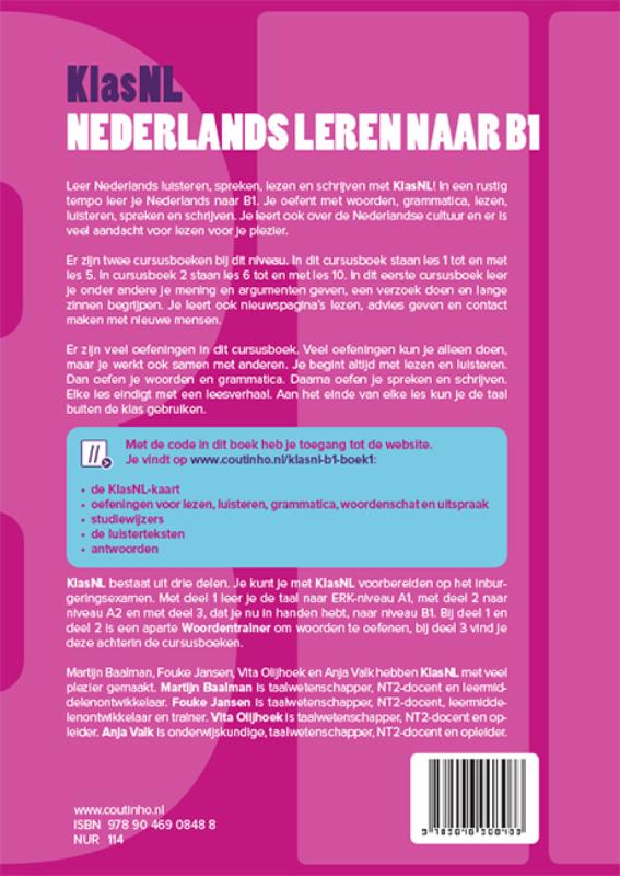 Achterkant van KlasNL - Nederlands leren naar B1 - cursusboek 1
