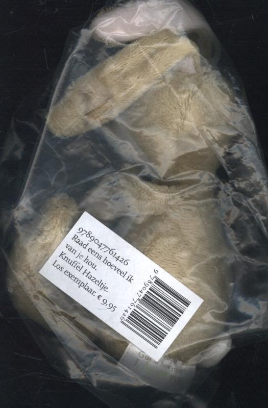 Achterkant van Raad eens hoeveel ik van je hou. Knuffel Hazeltje