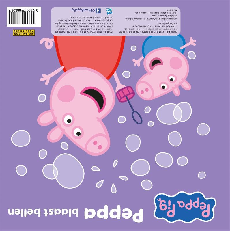 Achterkant van Peppa blaast bellen en Peppa en de boomhut