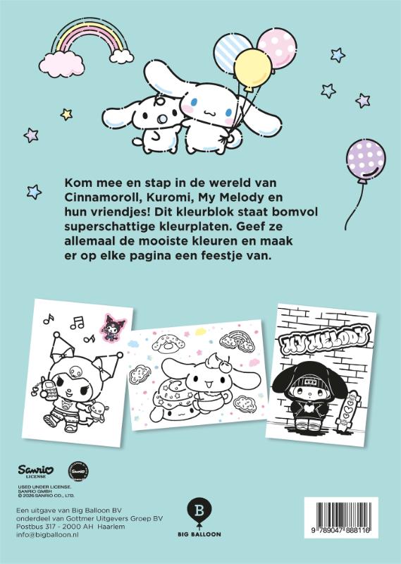 Achterkant van Kleuren met Kuromi, Pompompurin, My Melody