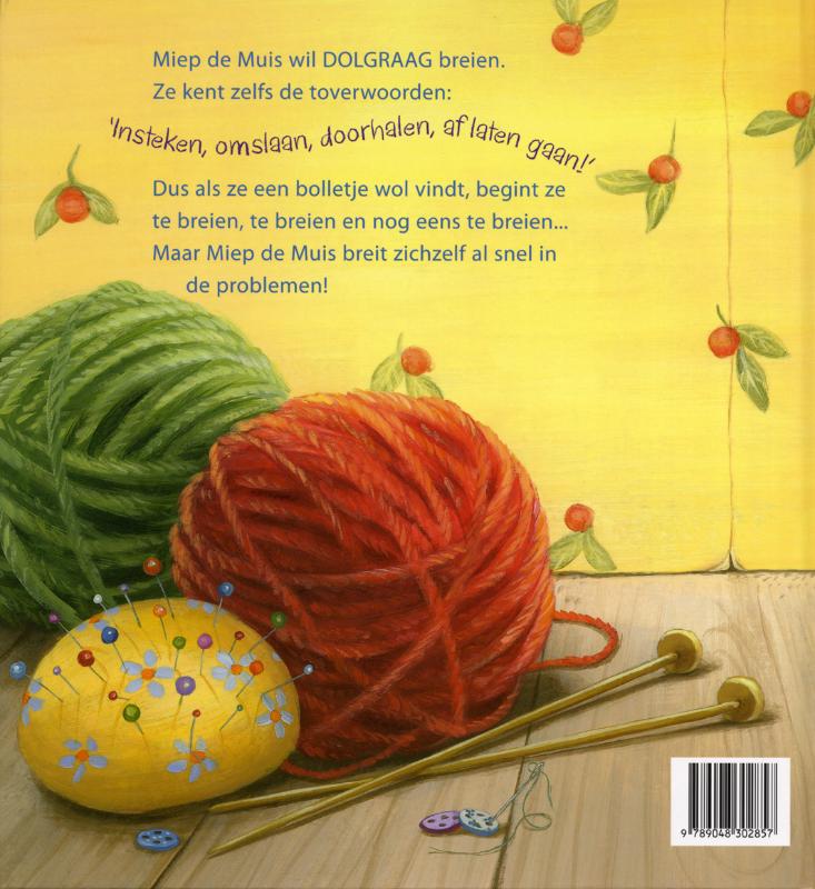 Achterkant van Miep de Muis breit er op los