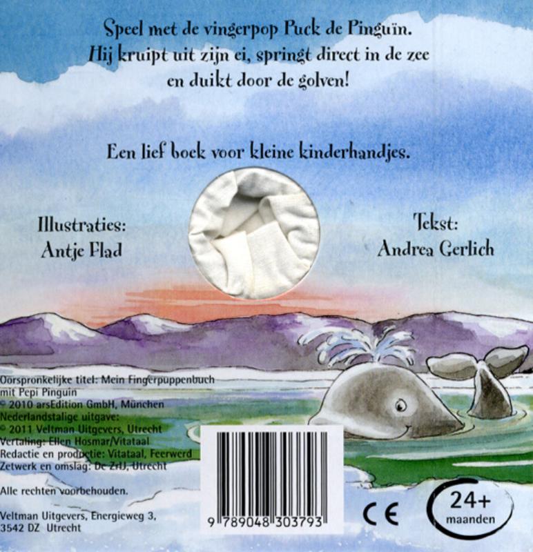 Achterkant van Mijn vingerpopboekje met Puck de Pinguin
