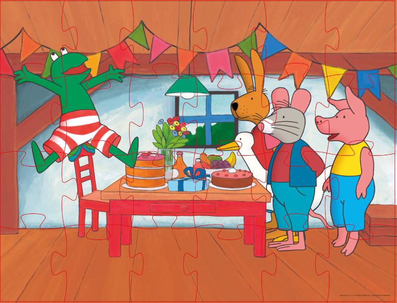 Achterkant van Puzzel kikker en vriendjes verjaardagsfeestje