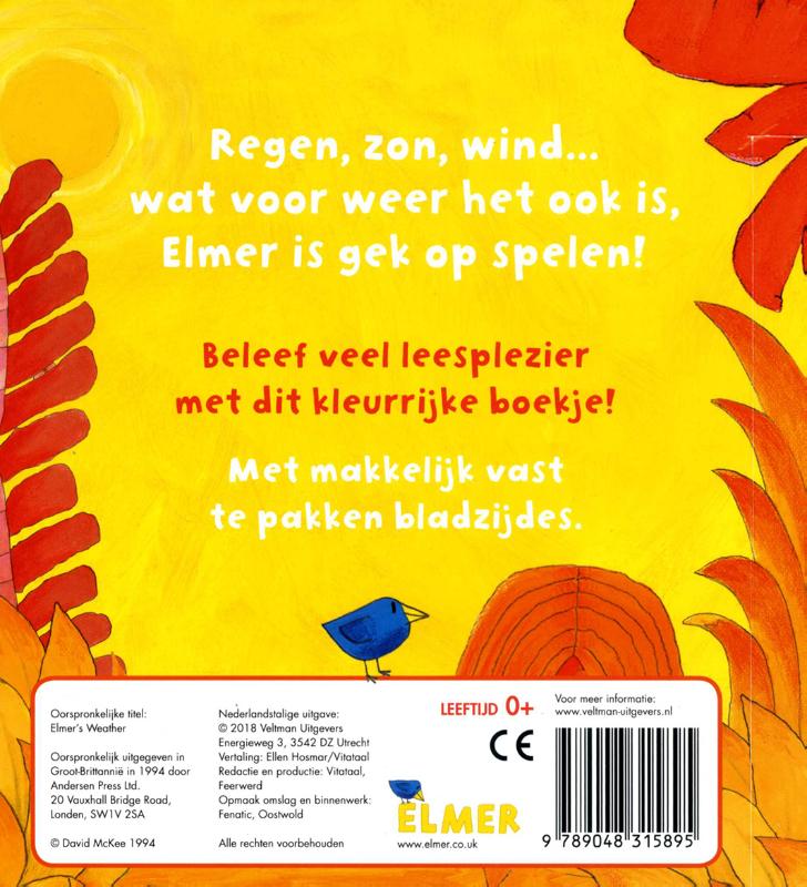 Achterkant van Elmer en het weer