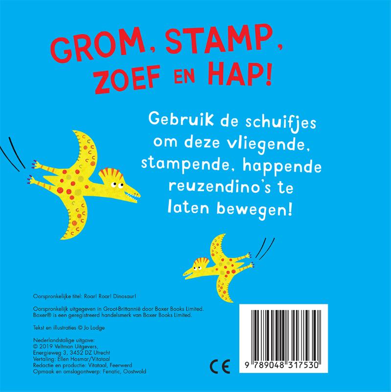 Achterkant van Oh oh, wat een grote dino!