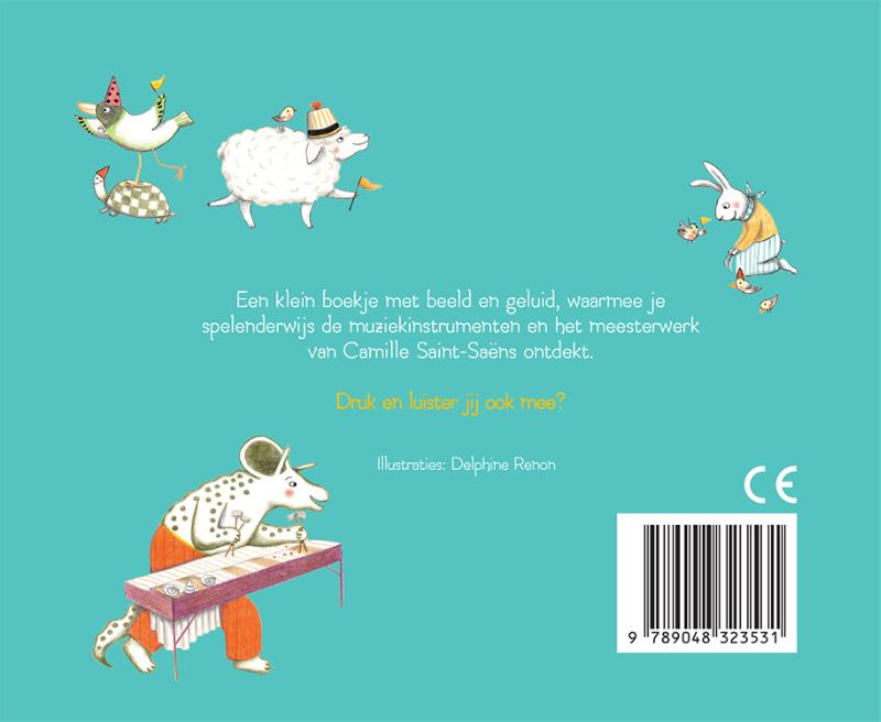 Achterkant van Mijn eerste klassieke-muziekboek - Carnaval der dieren en hun instrumenten