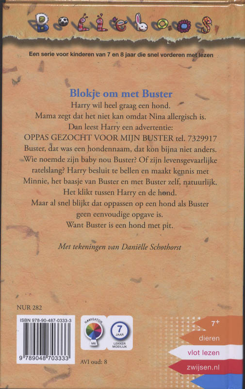 Achterkant van Blokje om met Buster