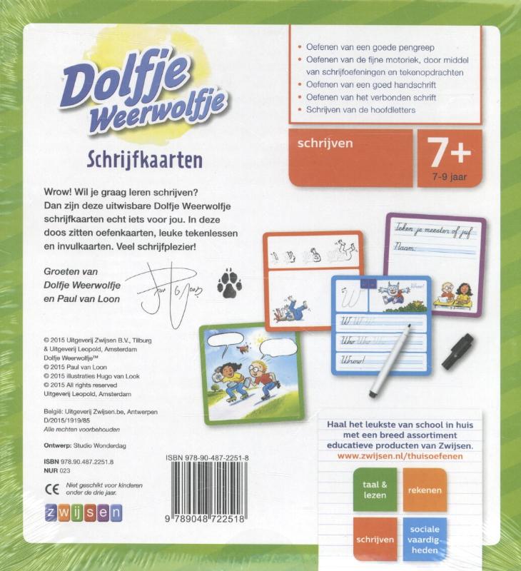 Achterkant van Dolfje Weerwolfje schrijfkaarten
