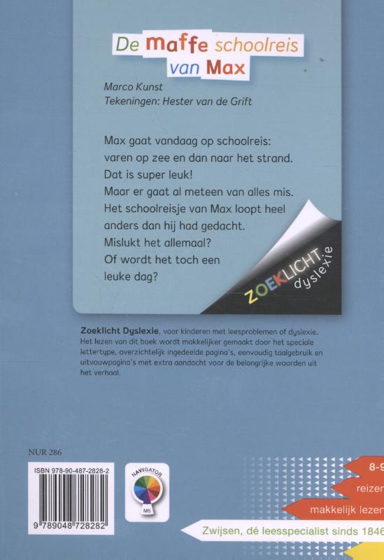 Achterkant van De maffe schoolreis van Max