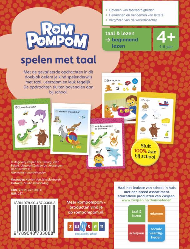 Achterkant van Rompompom spelen met taal