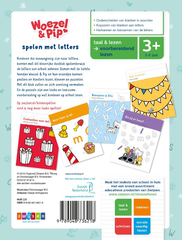 Achterkant van Woezel & Pip spelen met letters