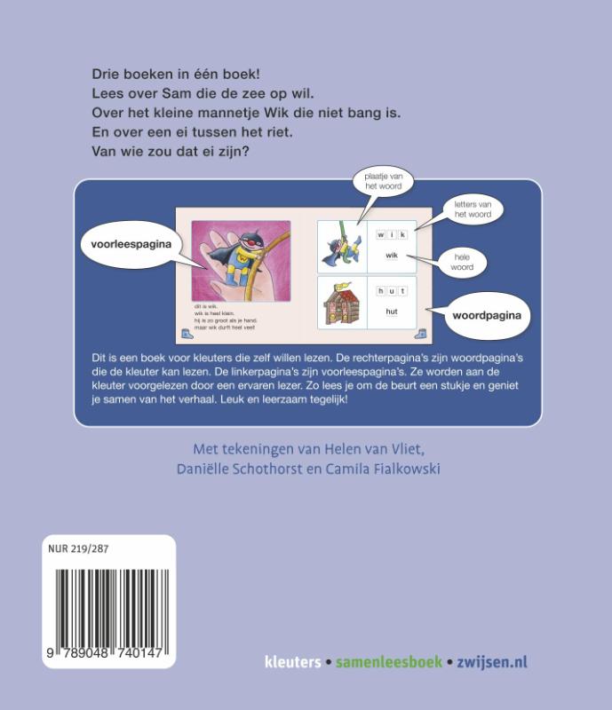 Achterkant van het dikke samenleesboek van sam, wik en ei