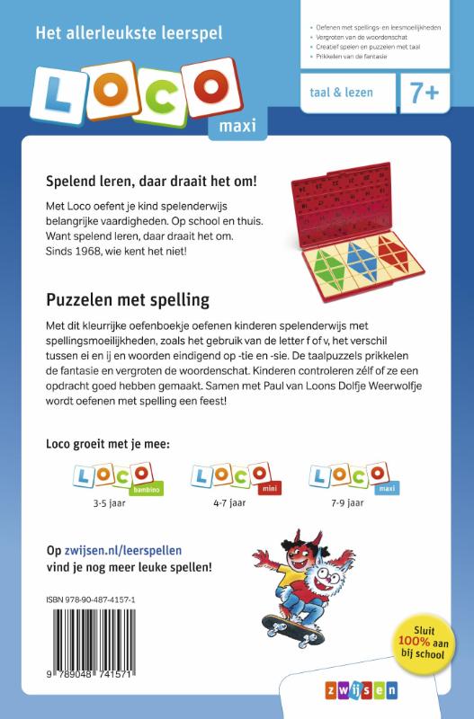 Achterkant van Loco maxi Dolfje Weerwolfje puzzelen met spelling