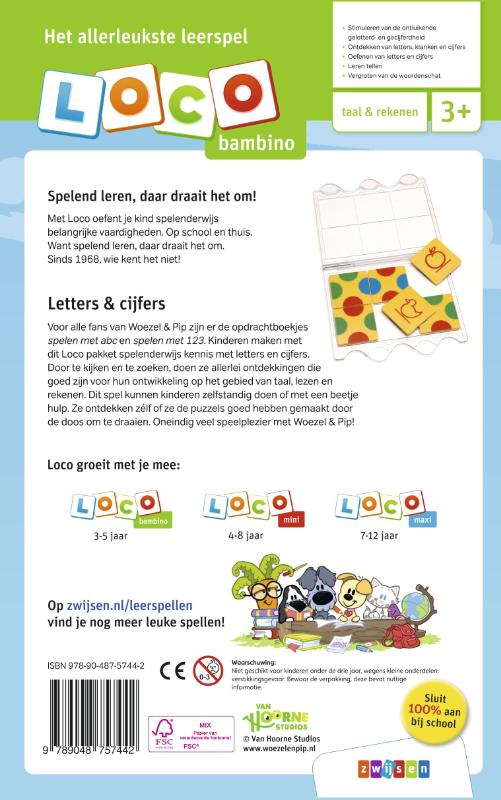 Achterkant van Loco bambino Woezel & Pip pakket letters & cijfers