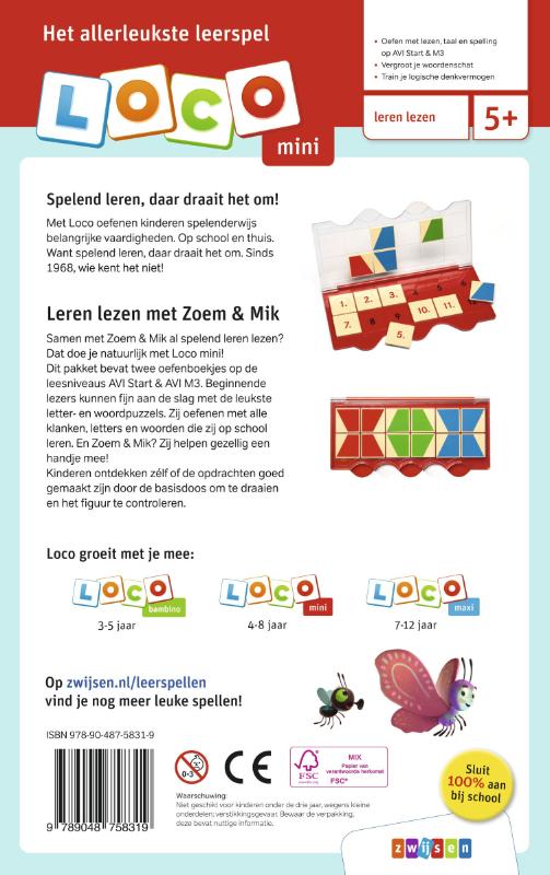Achterkant van Loco mini pakket Zoem & Mik leren lezen