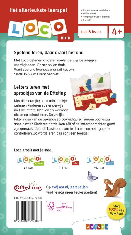 Achterkant van Loco mini letters leren met sprookjes van de Efteling