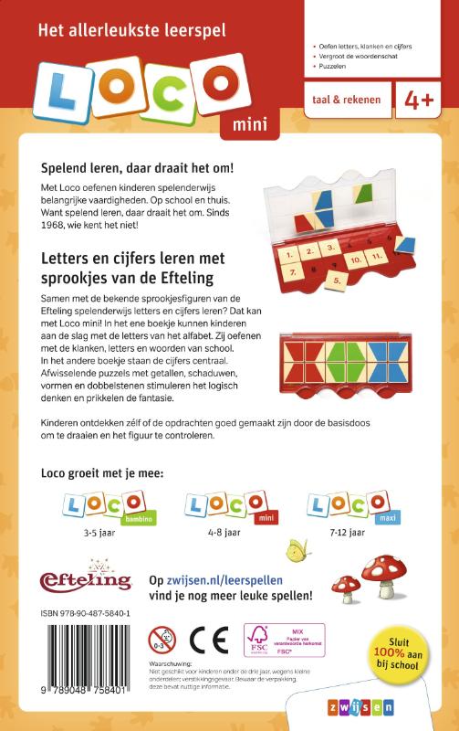 Achterkant van Loco mini pakket letters en cijfers leren met sprookjes van de Efteling