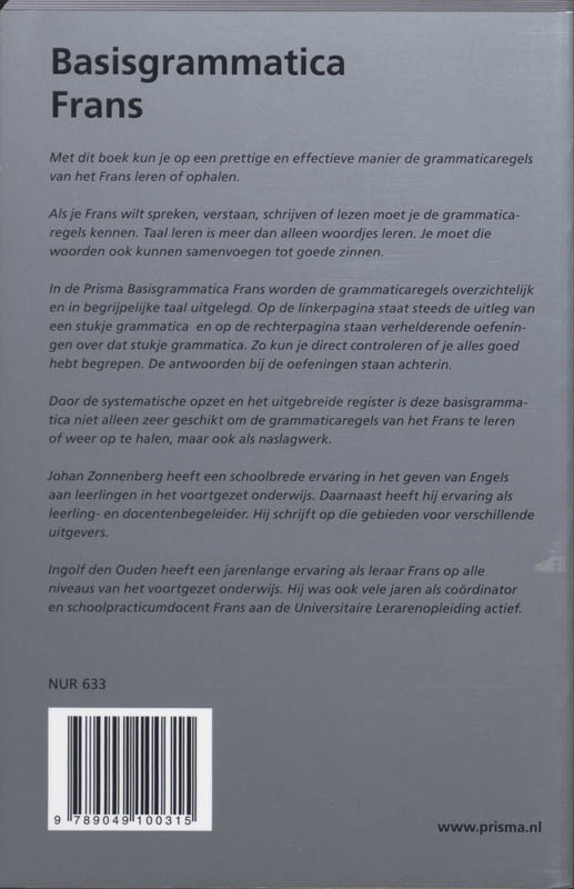Achterkant van Basisgrammatica Frans