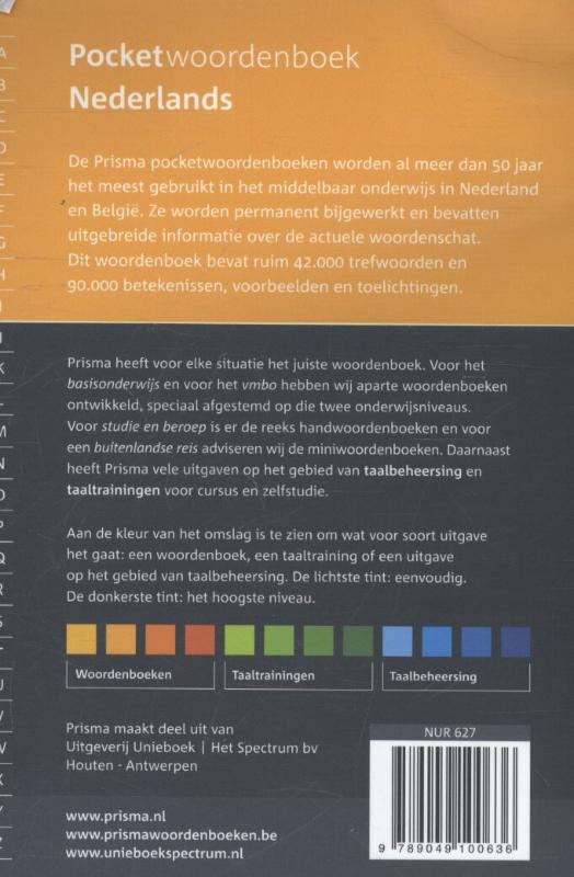 Achterkant van Prisma pocketwoordenboek Nederlands