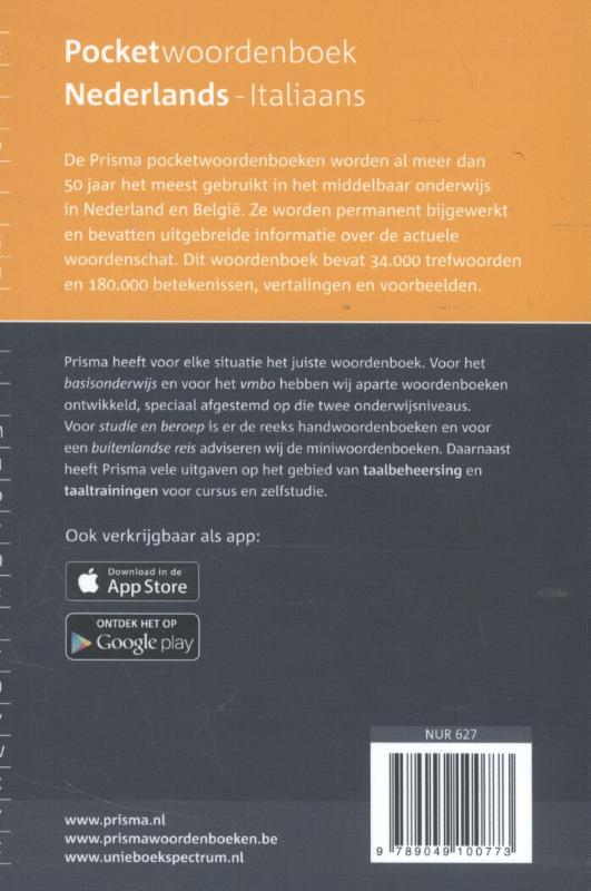 Achterkant van Prisma pocketwoordenboek Nederlands-Italiaans