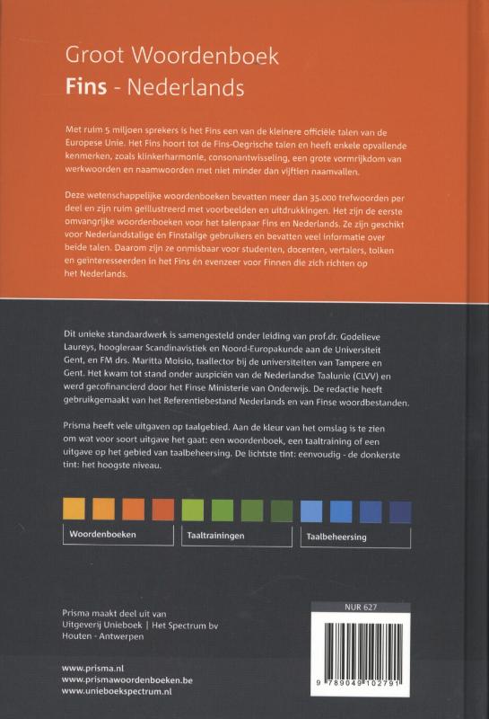 Achterkant van Prisma groot woordenboek Fins-Nederlands = Suomi-Hollanti-suursanakirja