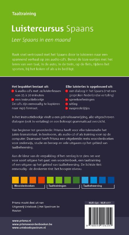 Achterkant van Prisma luistercursus Spaans