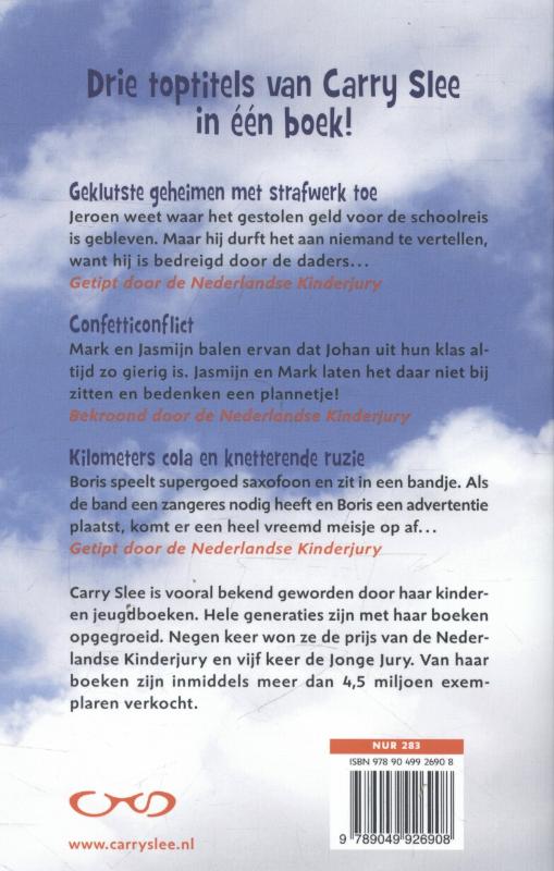 Achterkant van Geklutste geheimen met strafwerk toe; confetticonflict; kilometers cola en knetterende ruzie
