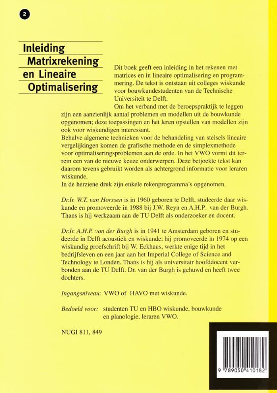 Achterkant van Inleiding matrixrekening en lineaire optimalisering