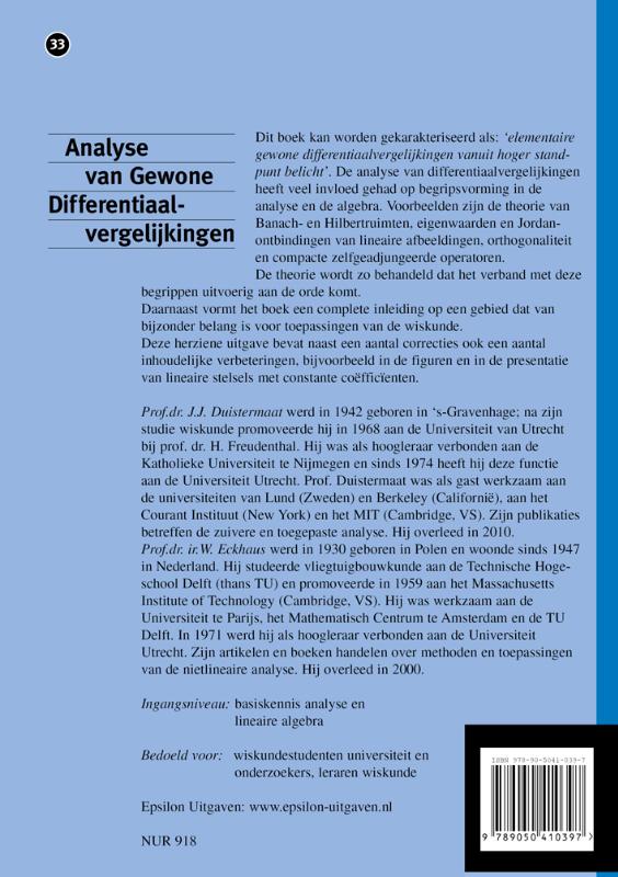 Achterkant van Analyse van gewone differentiaalvergelijkingen