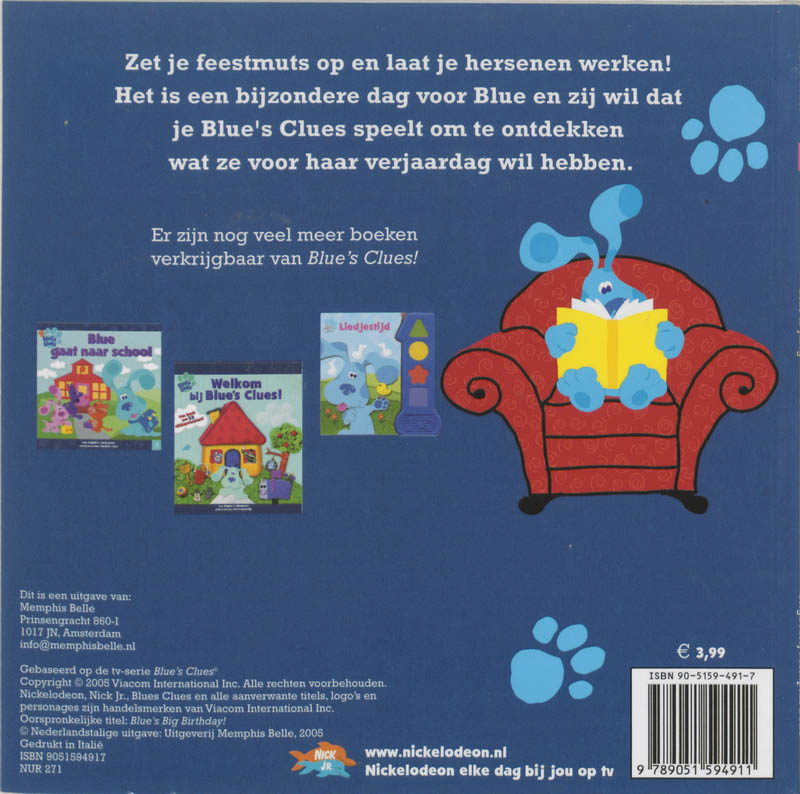 Achterkant van Blue is jarig