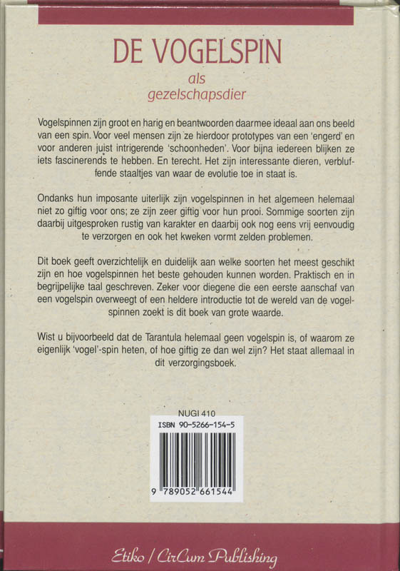 Achterkant van De vogelspin als gezelschapsdier