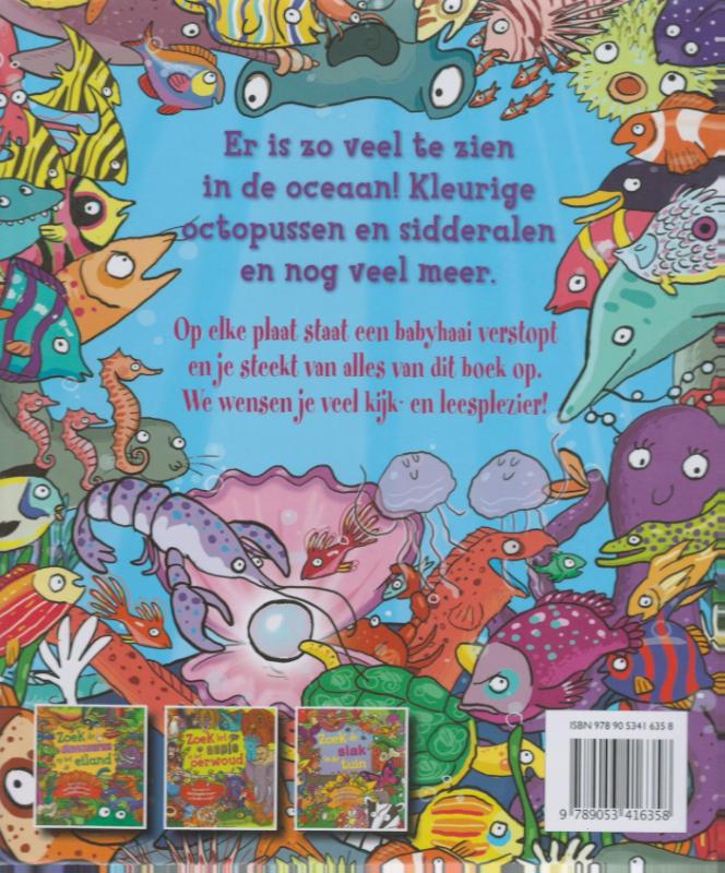 Achterkant van Zoek de haai in de oceaan